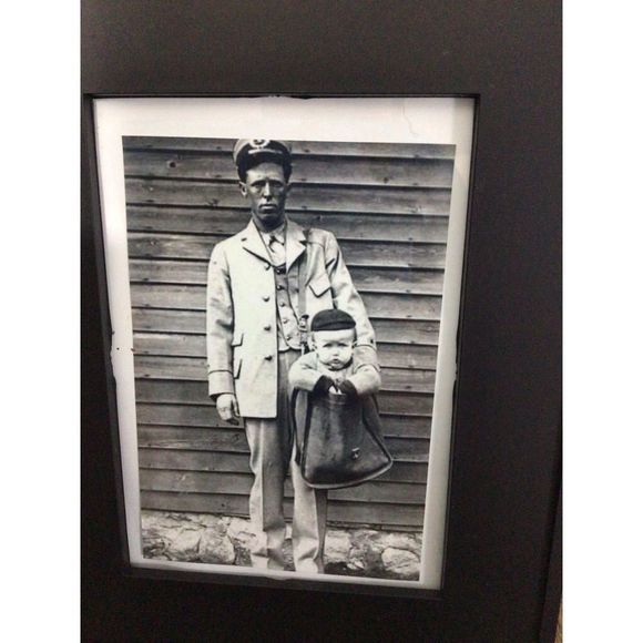 Odd Bizarre Reprint Antique Photo Man & Baby in Bag 1920’s - Picture 1 of 15